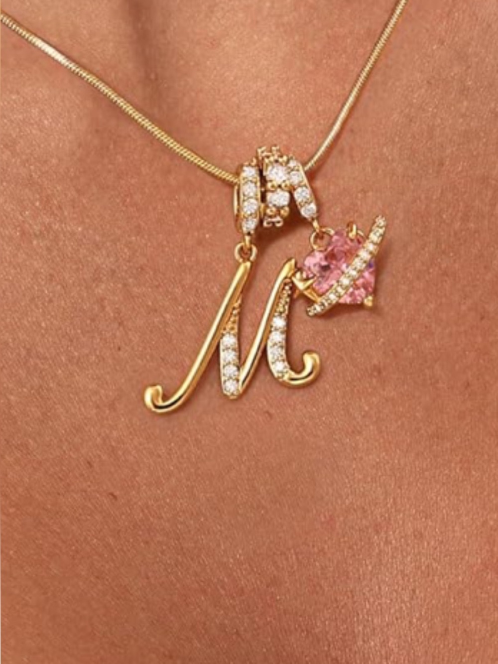 Necklace-Letter M 14K Gold Plated Initial Necklace, Pink Heart Pendant
Heart-sha